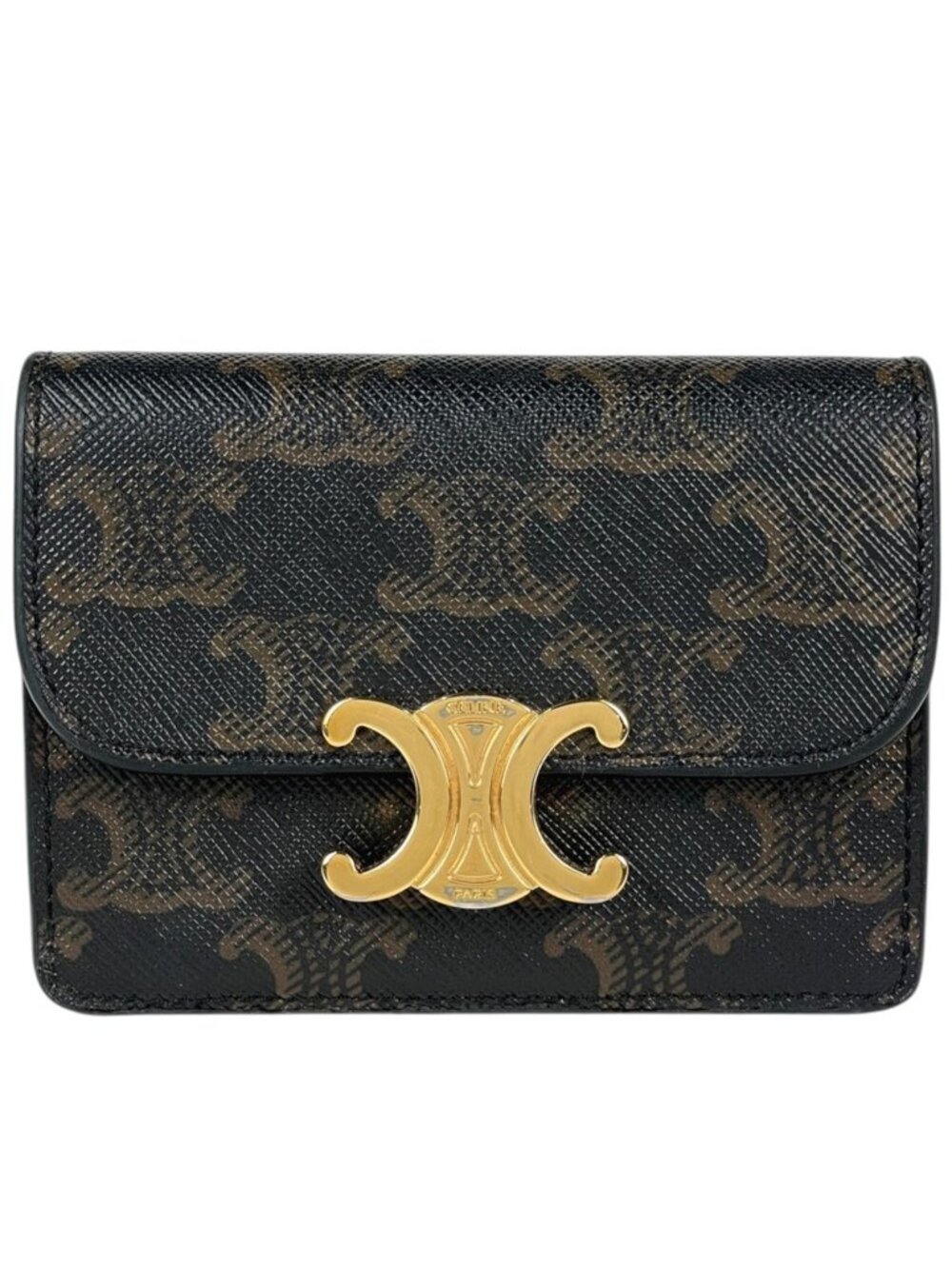 Celine Card Case Triomphe Leather Black Brown